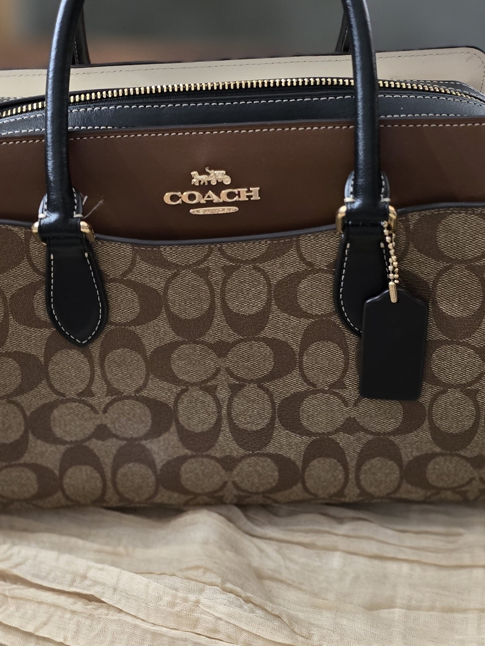 Coach Signature Canvas Brown Satchel with Black Leather Trim